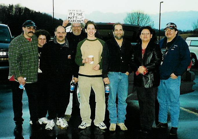 Our pit stop at the Travel Plaza in WVA.  Frank's holding a sign made while on the road, we were flashing this as we caught up with MBB...Folks thought they were rock stars....wait a minute they are Rock Stars...
L-R Billy, Donna, Lou, Frank, David, Matt, Karen & Lynn